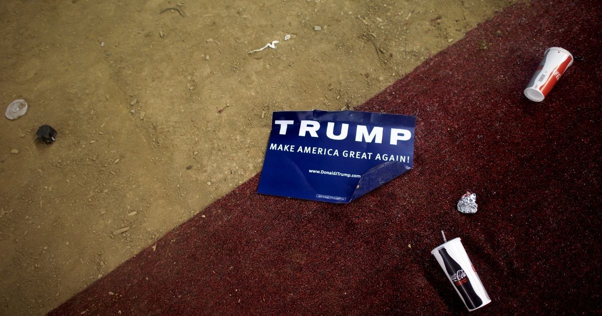 HARRISBURG, PA - APRIL 21: Donald Trump campaign yard signs and trash remain following a rally with the Republican presidential candidate at the Pennsylvania Farm Show Complex & Expo Center on April 21, 2016 in Harrisburg, Pennsylvania. The Pennsylvania Primary takes place on April 26.