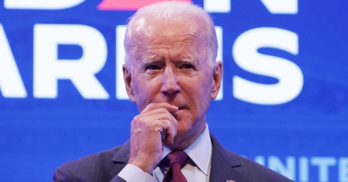Democratic presidential nominee Joe Biden pauses while speaking Sunday in Wilmington, Delaware.