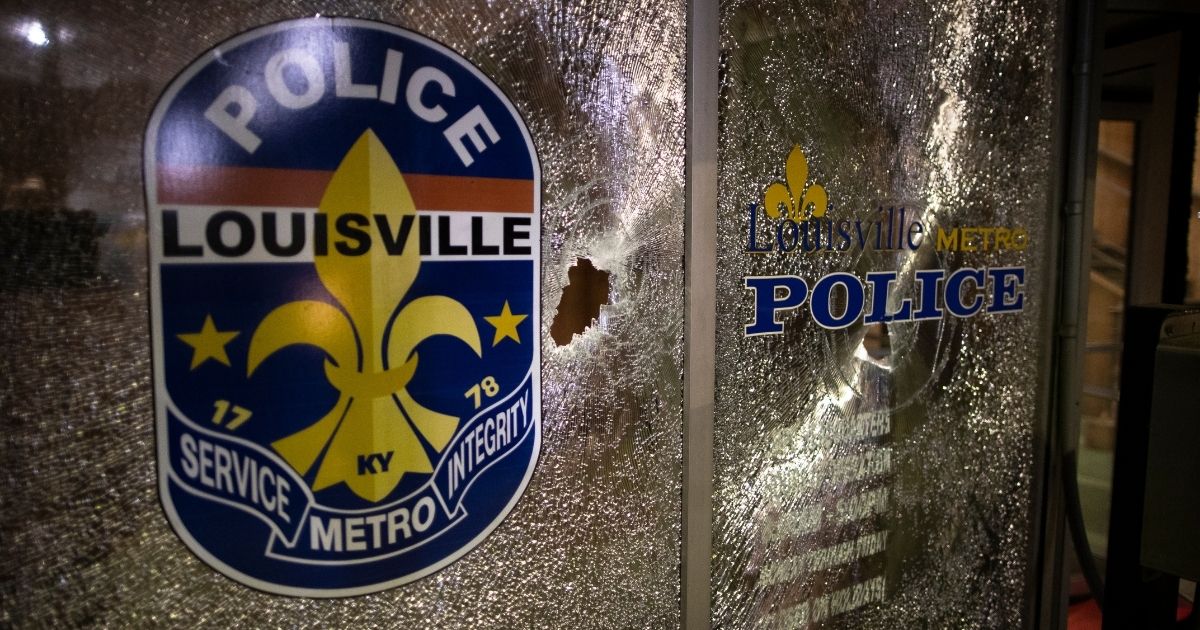 LOUISVILLE, KY - MAY 29: A window of the metro police headquarters damaged during protests is seen on May 29, 2020 in Louisville, Kentucky. Protests have erupted after recent police-related incidents resulting in the deaths of African-Americans Breonna Taylor in Louisville and George Floyd in Minneapolis, Minnesota.