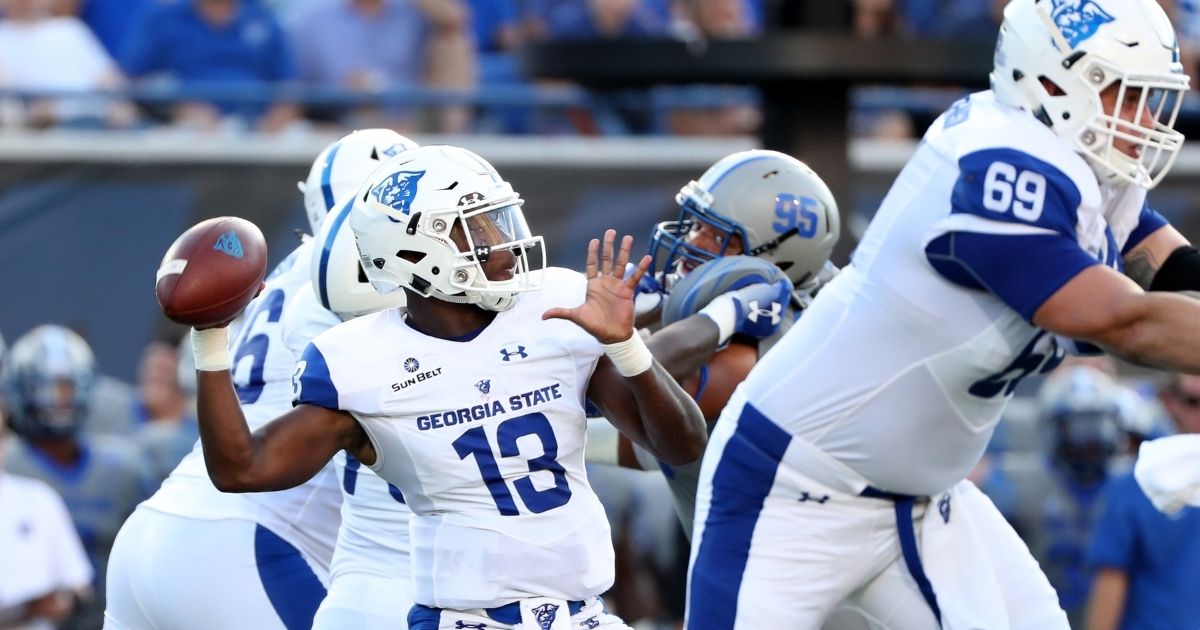 MEMPHIS, TN - SEPTEMBER 14: Dan Ellington #13 of the Georgia State Panthers throws the ball against the Memphis Tigers on September 14, 2018 at Liberty Bowl Memorial Stadium in Memphis, Tennessee. Memphis defeated Georgia State 59-22.