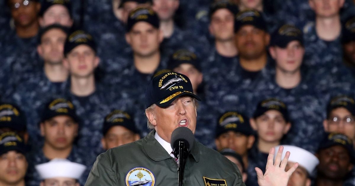 NEWPORT NEWS, VA - MARCH 02: U.S. President Donald Trump speaks to members of the U.S. Navy and shipyard workers on board the USS Gerald R. Ford CVN 78 that is being built at Newport News shipbuilding, on March 2, 2017 in Newport News, Virginia. The USS Ford is powered by two Nuclear reactors and is 1, 092 feet long with a 134 foot beam and can carry over 75 aircraft.