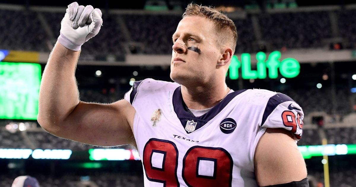 EAST RUTHERFORD, NJ - DECEMBER 15: J.J. Watt #99 of the Houston Texans celebrates his team's win over the New York Jets at MetLife Stadium on December 15, 2018 in East Rutherford, New Jersey. The Texans defeated the Jets 29-22.