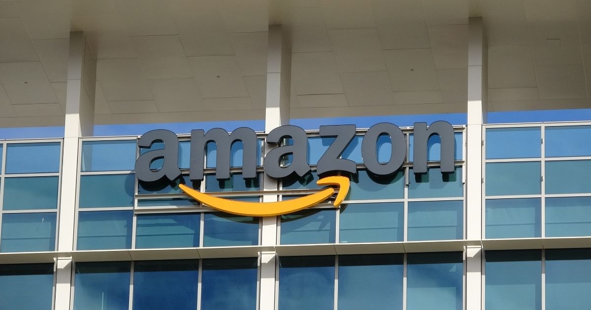 Close-up of sign with logo on facade of the regional headquarters of ecommerce company Amazon in the Silicon Valley town of Sunnyvale, California, October 28, 2018.