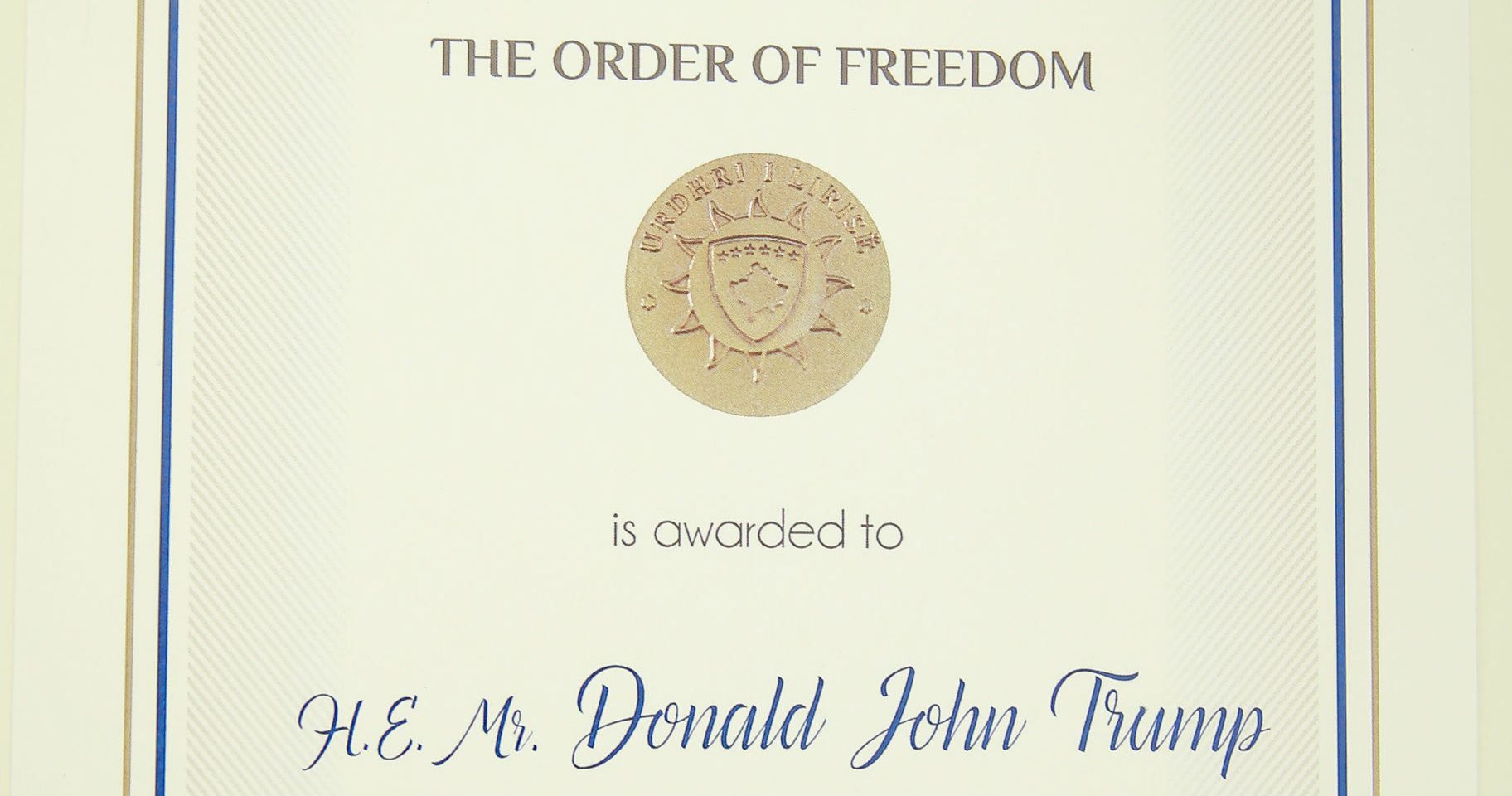 A photo of the Order of Freedom awarded to President Donald Trump, undersigned by Kosovo President Hashim Thaci, is seen above in Pristina, Kosovo, on Sept. 18, 2020.