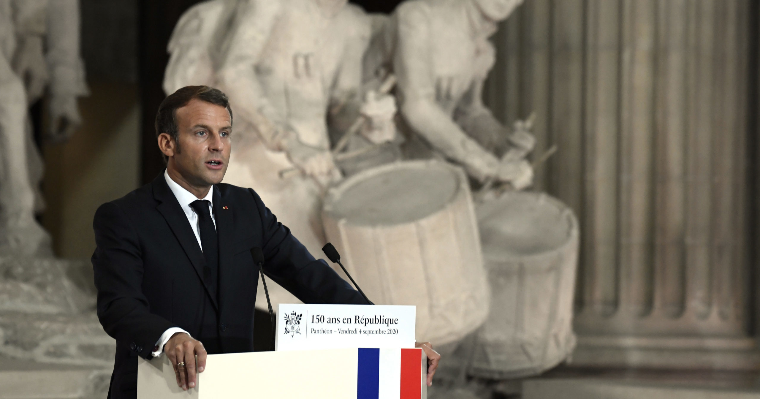 French President Emmanuel Macron speaks during a ceremony to celebrate the 150th anniversary of the proclamation of the Republic at the Pantheon monument on Sept.4. 2020, in Paris.