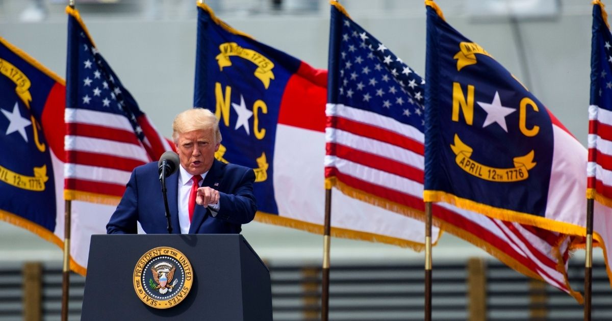 President Donald Trump speaks outside the USS North Carolina on Sep. 2, 2020, in Wilmington, North Carolina. President Donald Trump visited the port city for a brief ceremony designating Wilmington as the nation's first WWII Heritage City.