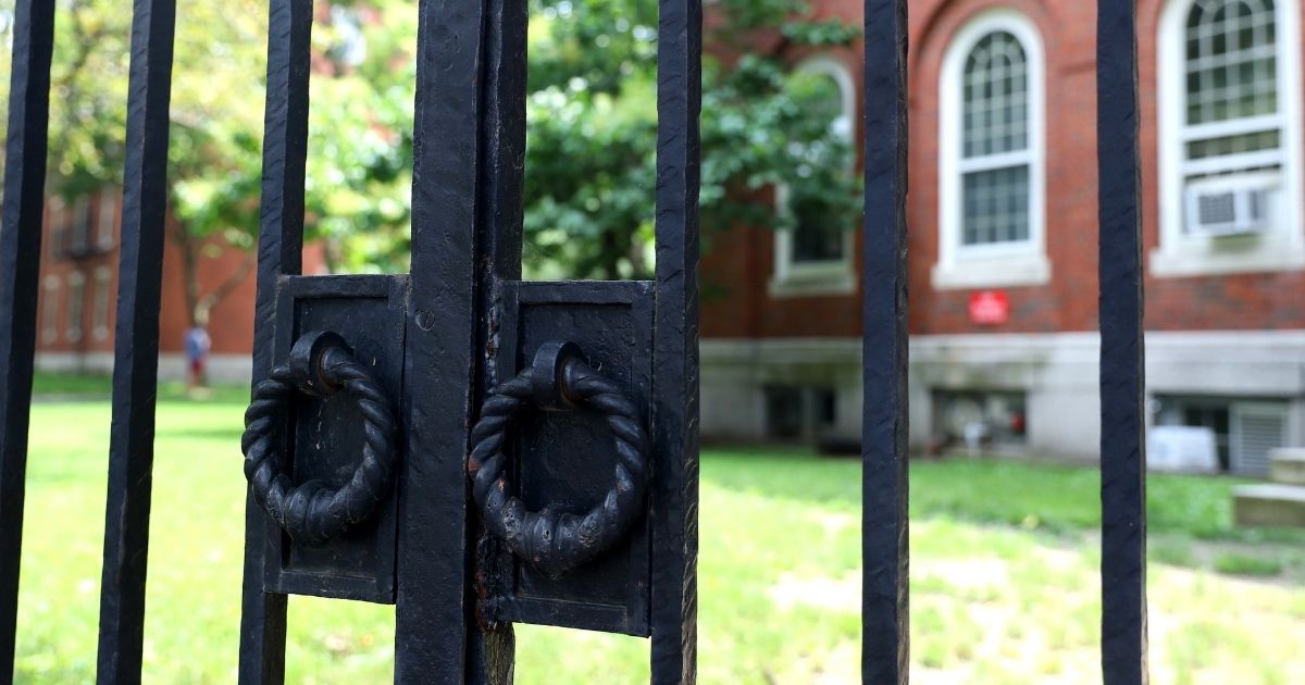 A gate to Harvard Yard on the campus of Harvard University is seen on July 8, 2020, in Cambridge, Massachusetts.