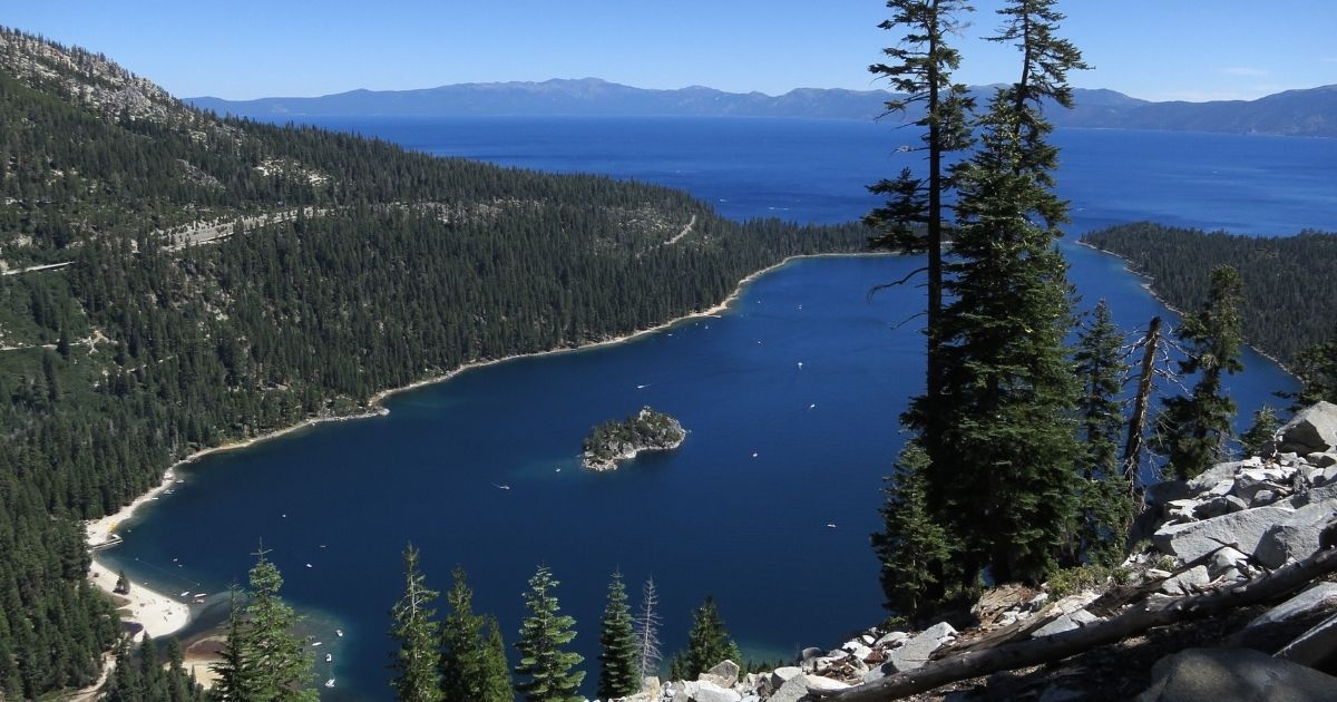 Emerald Bay lies under blue skies at Lake Tahoe on July 23, 2014, near South Lake Tahoe, California.