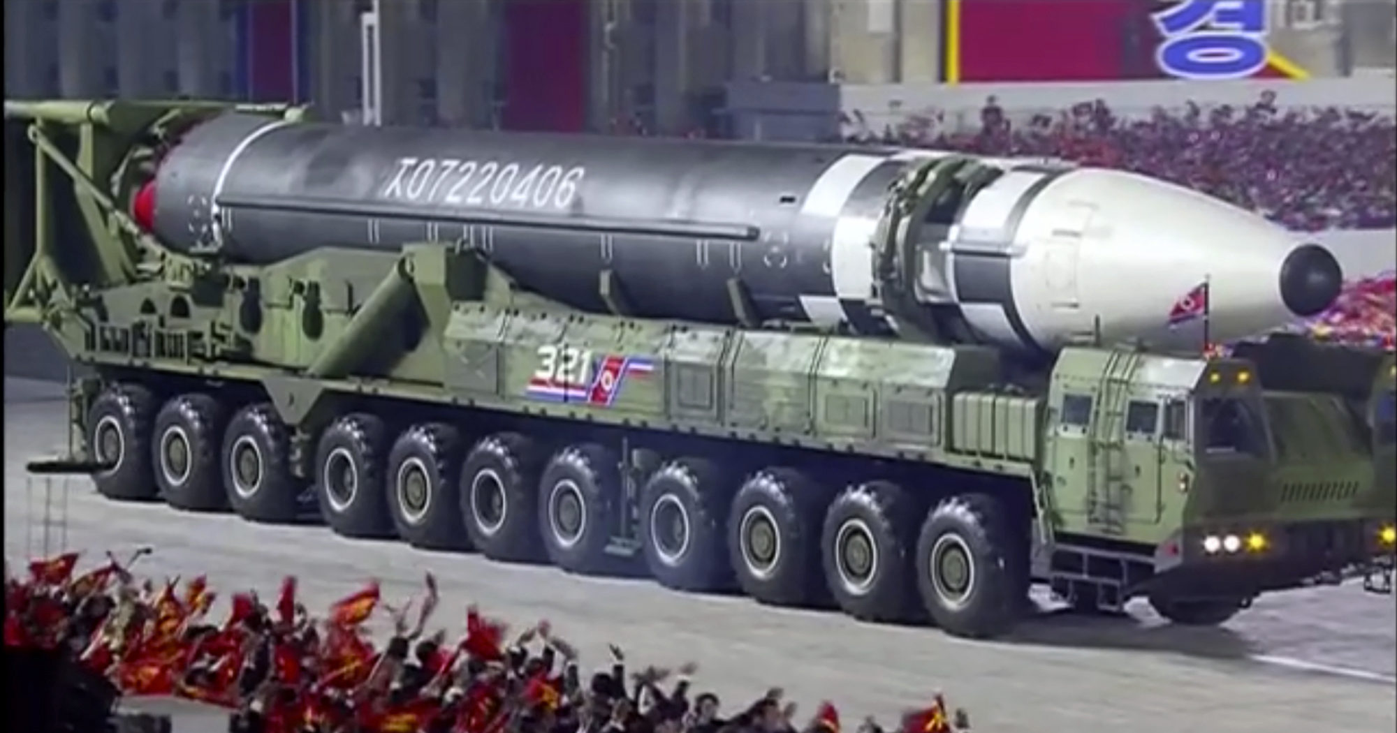 This image taken from video shows a military parade with what appears to be a new intercontinental ballistic missile in Pyongyang, North Korea, on Oct. 10, 2020.