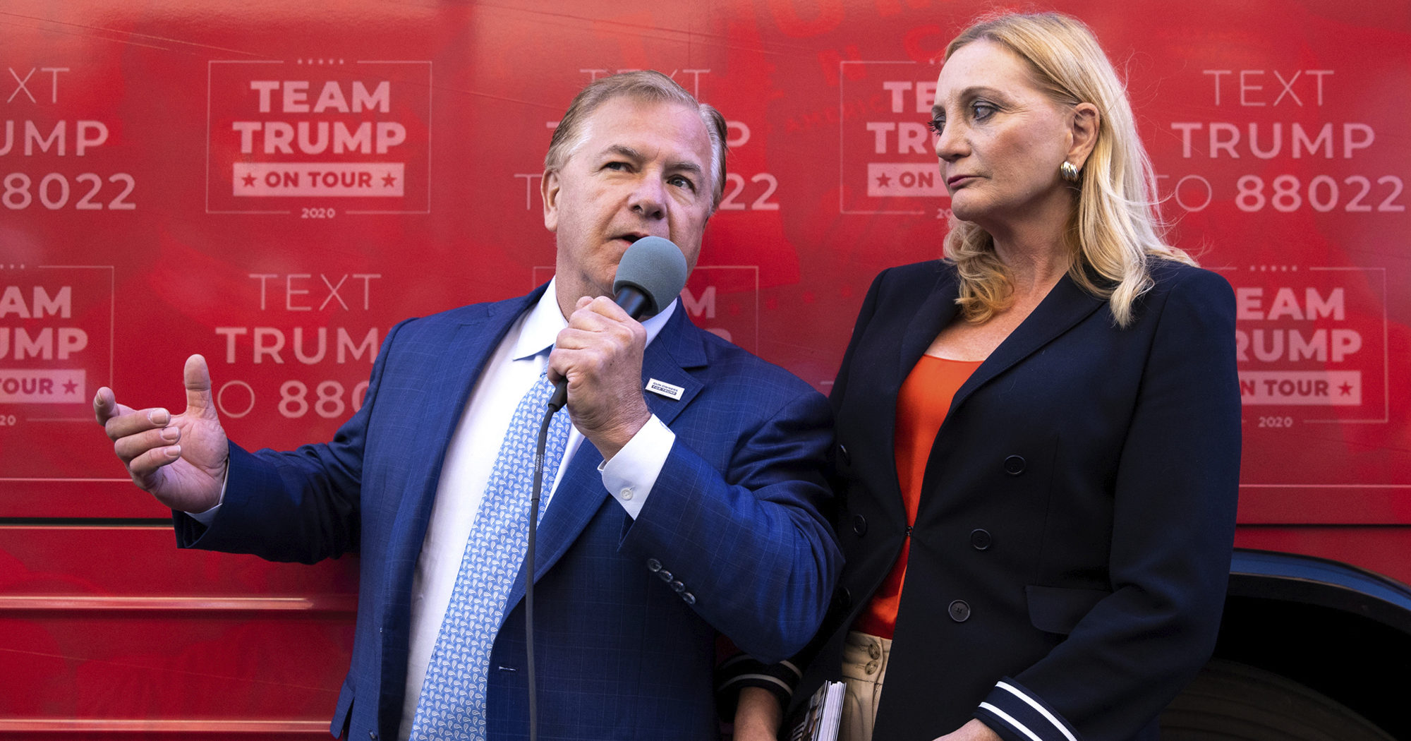 St. Louis-based lawyers Mark and Patricia McCloskey speak outside the Republican campaign office in downtown Scranton, Pennsylvania, during a Trump campaign event on Sept. 30, 2020.