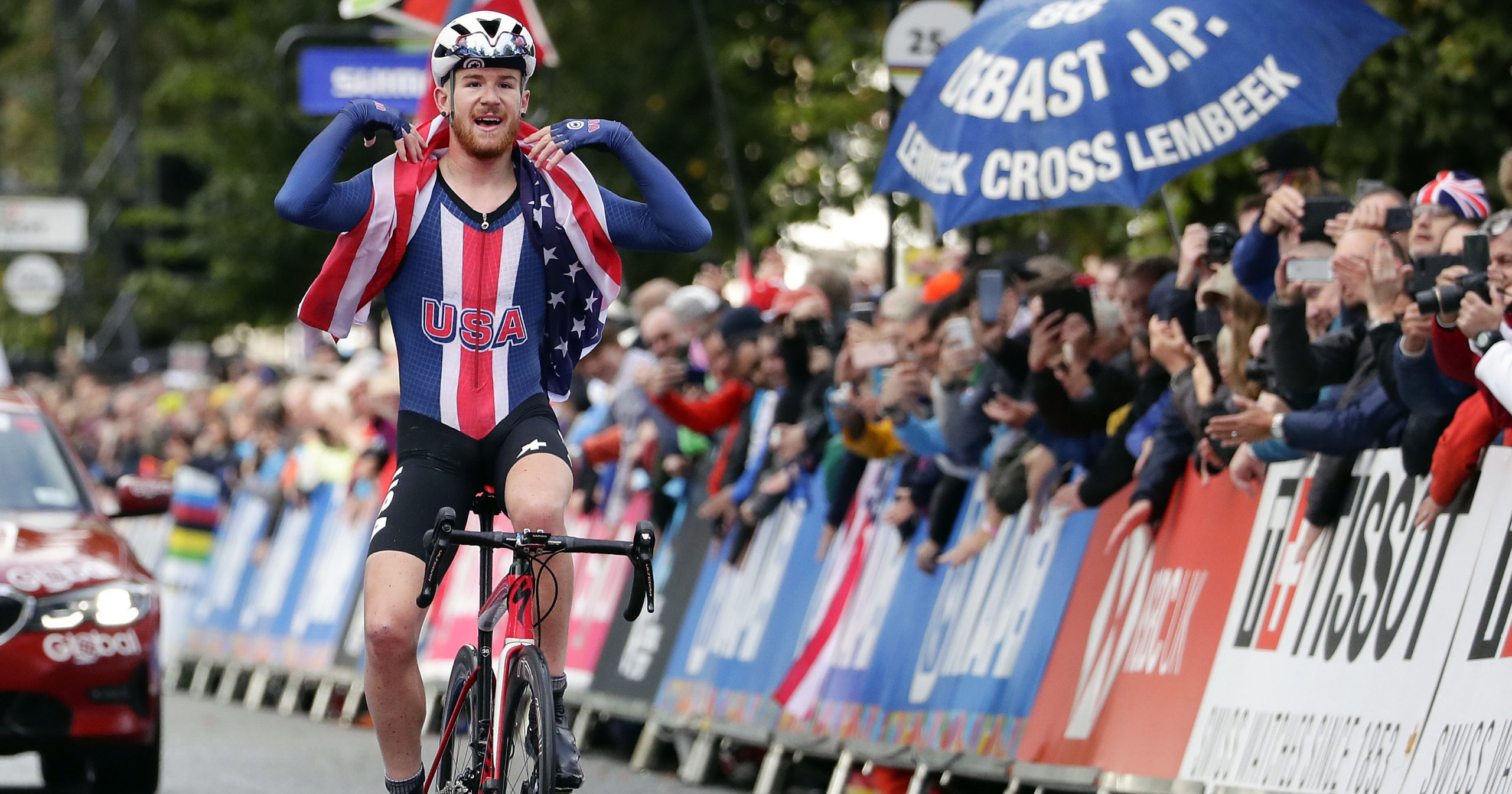 In this Sept. 26, 2019, file photo, the United States' Quinn Simmons celebrates winning the men's junior even, at the road cycling World Championships in Harrogate, England.
