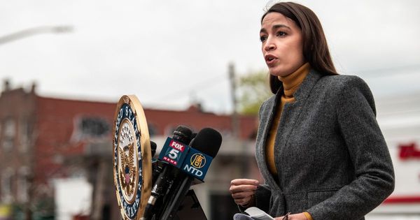 Democratic New York Rep. Alexandria Ocasio Cortez speaks at a news conference at Corona Plaza in Queens on April 14, 2020, in New York City.