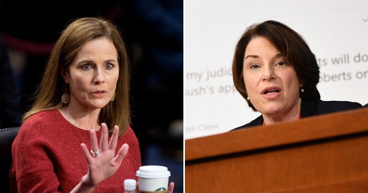 Judge Amy Coney Barrett of the U.S. Court of Appeals for the 7th Circuit, left, set the record straight Tuesday with regard to questions of character and judicial partiality, telling Minnesota Democratic Sen. Amy Klobuchar that she does not "attack people, just ideas."