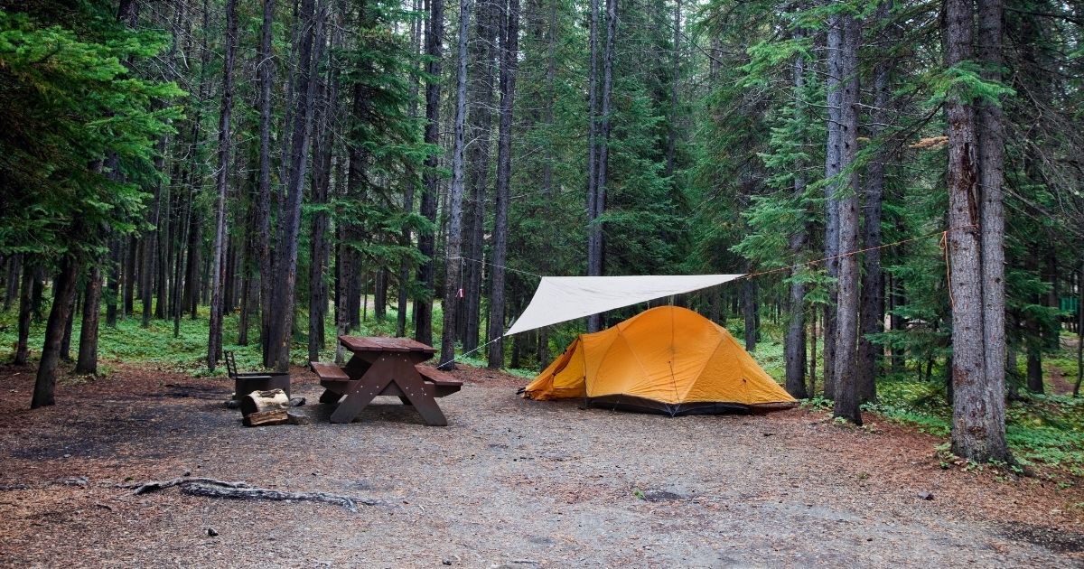 A campsite with a tent and a picnic table is shown in the stock image above.