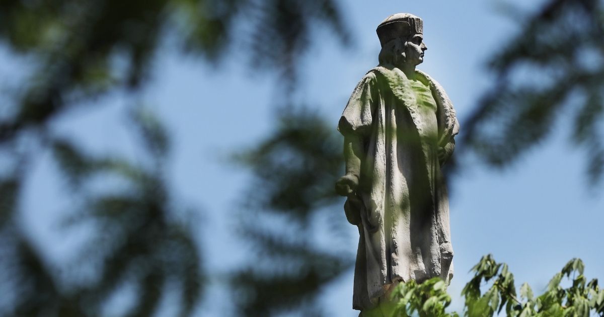 A statue of Christopher Columbus stands in Columbus Circle in New York City on June 25, 2020.