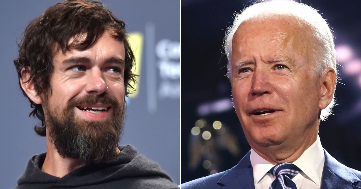 Twitter CEO Jack Dorsey, left, speaks at the Aria Resort and Casino in Las Vegas on Jan. 9, 2019. Democratic presidential nominee Joe Biden appears on stage at the Chase Center in Wilmington, Delaware, on Aug. 19, 2020.
