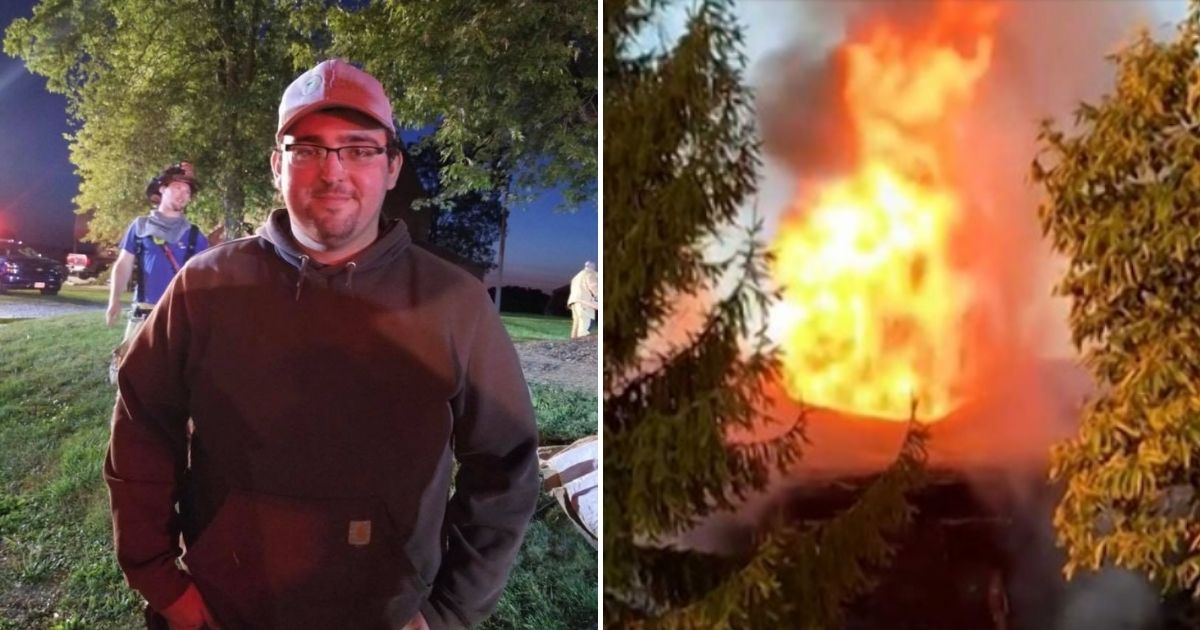 Elijah Hale, left, and the house on fire that he saved a girl from are pictured above.