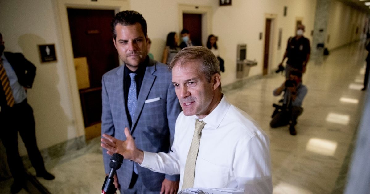 Ranking member GOP Rep. Jim Jordan of Ohio, right, accompanied by GOP Rep. Matt Gaetz of Florida, speaks to members of the media following a House Judiciary Committee closed door meeting with former federal prosecutor for the Southern District of New York Geoffrey Berman on Capitol Hill on July 9, 2020, in Washington.