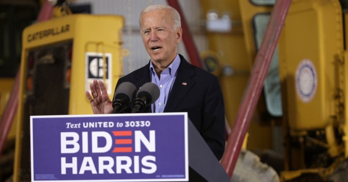 Democratic presidential nominee Joe Biden speaks during a campaign stop at International Union of Operational Engineers Local 66 Heavy Equipment Operator Training School on Wednesday in New Alexandria, Pennsylvania.