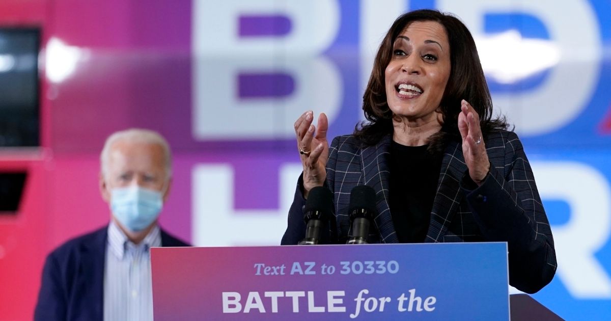 Democratic vice presidential nominee Kamala Harris speaks at Carpenters Local Union 1912 in Phoenix on Thursday to kick off a small-business bus tour.
