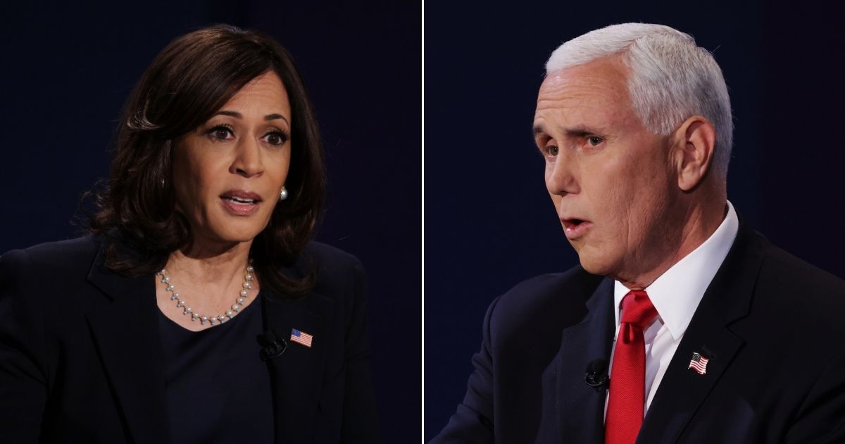 Democratic vice presidential nominee Sen. Kamala Harris and Vice President Mike Pence participate in the vice presidential debate at the University of Utah on Wednesday in Salt Lake City.