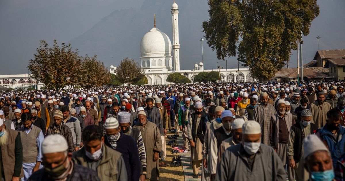 Kashmiri Muslims devotees pray at Hazratbal shrine on the, Eid-e-Milad or the birth anniversary of Prophet Mohammad on Oct. 30, 2020 in Kashmir, India.