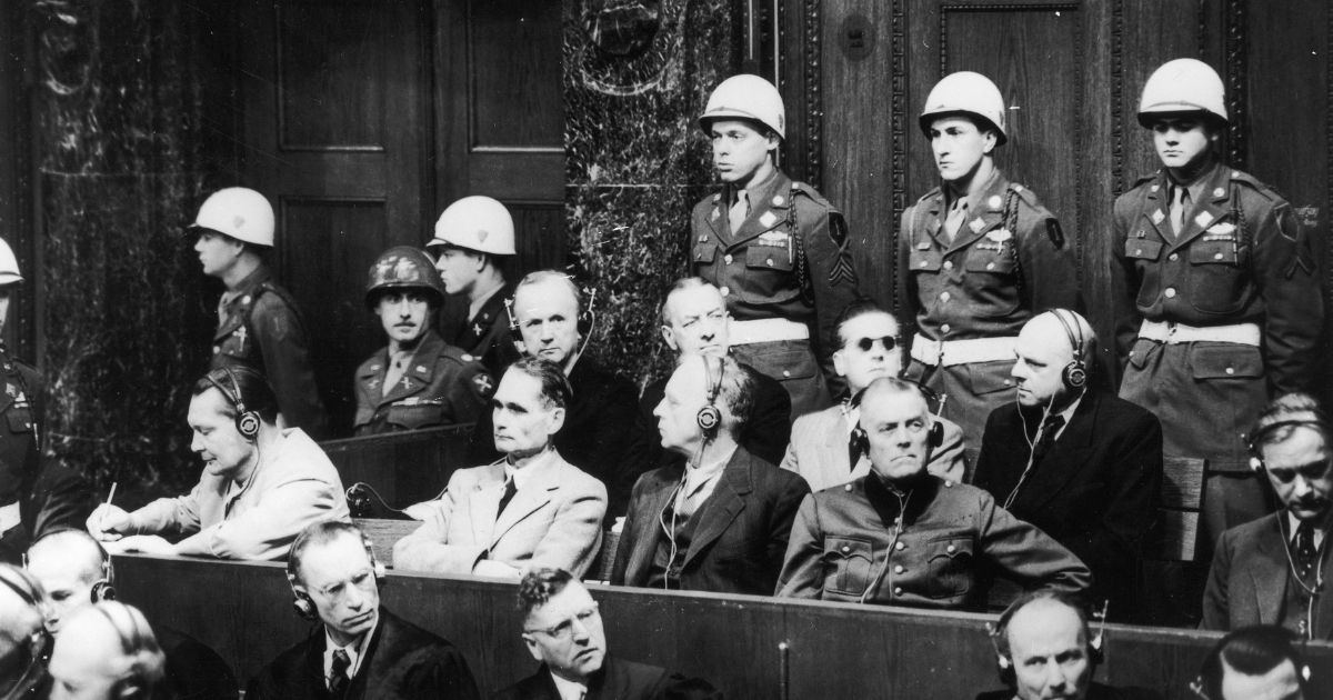 Nazi leaders are pictured at the Palace of Justice in Nuremberg, Germany, during the Nuremberg trials on Nov. 29, 1945.