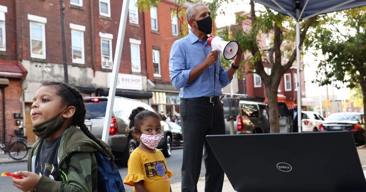Former President Barack Obama campaigns for Democratic presidential nominee Joe Biden at a community event in Philadelphia on Wednesday.