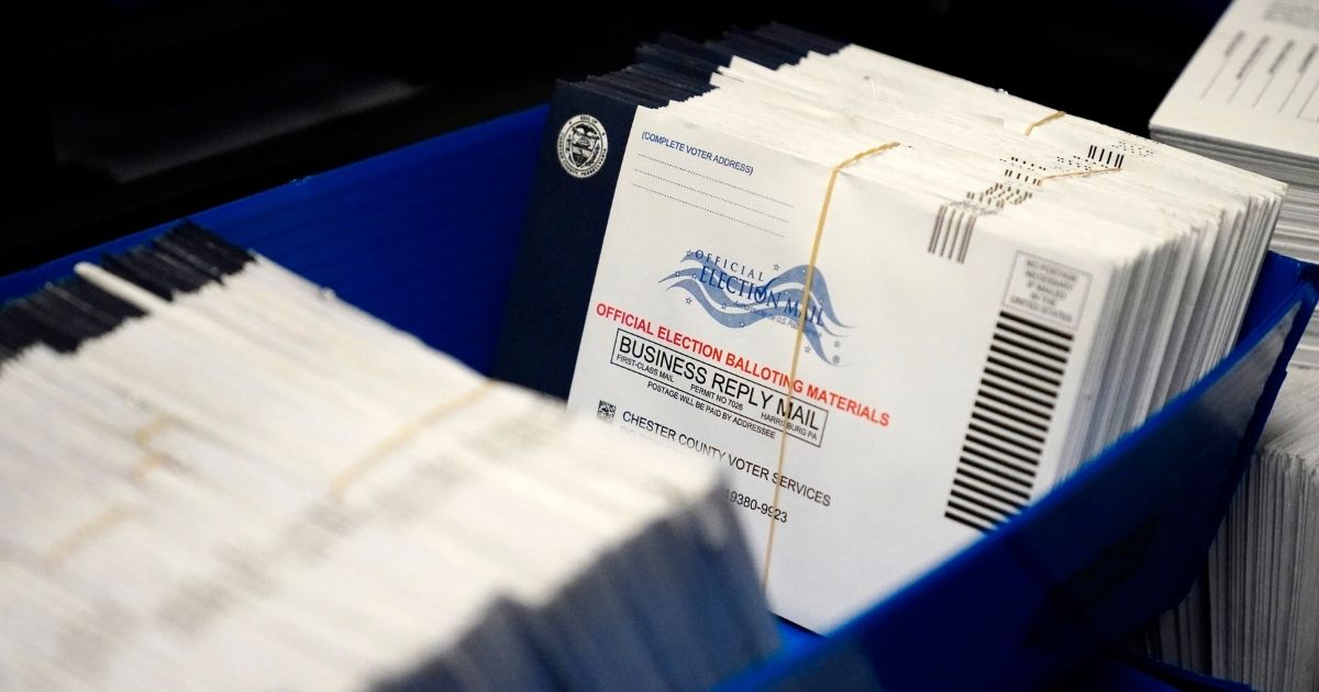 Mail-in ballots for the 2020 general election in the United States are seen after being sorted at the Chester County Voter Services office Friday in West Chester, Pennsylvania.