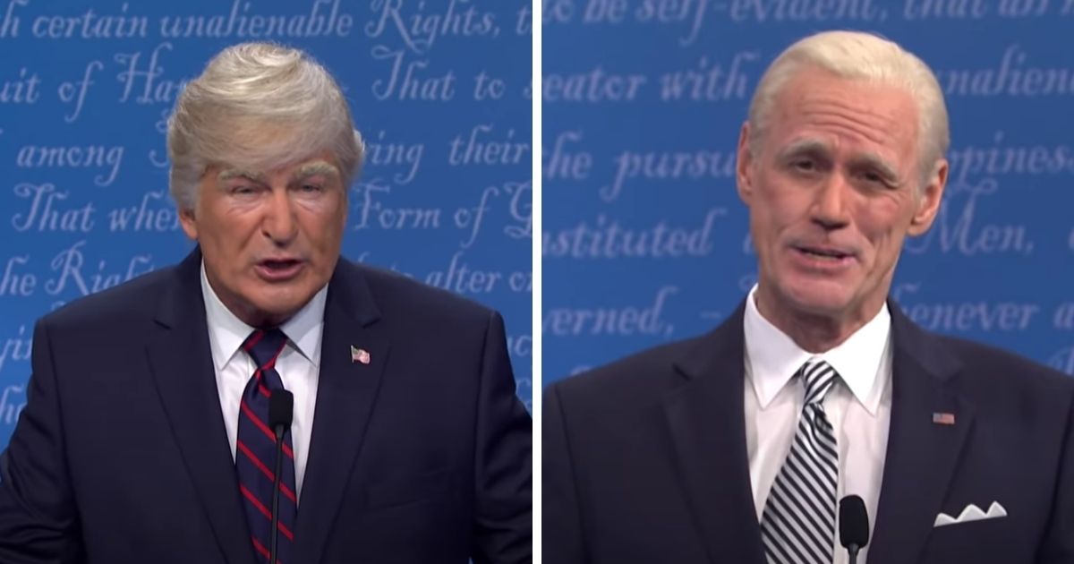 Alec Baldwin, left, who plays President Donald Trump, and Jim Carey, right, who plays former Vice President Joe Biden, act out a parody of last week's presidential debate on "Saturday Night Live" on Saturday.