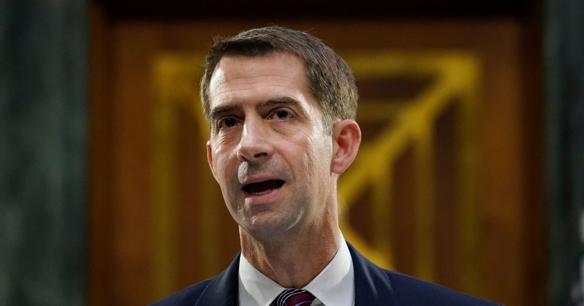 Republican Sen. Tom Cotton of Arkansas questions witnesses during a Senate Banking Committee hearing on Capitol Hill on Sept. 24, 2020, in Washington, D.C.