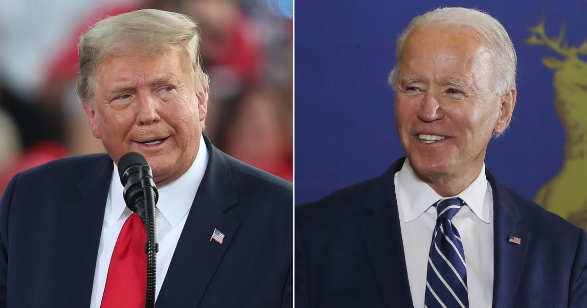 President Donald Trump, left, speaks during a campaign event at the Ocala International Airport in Florida on Friday. Democratic presidential nominee Joe Biden, right, smiles during an appearance Friday at Beech Woods Recreation Center i