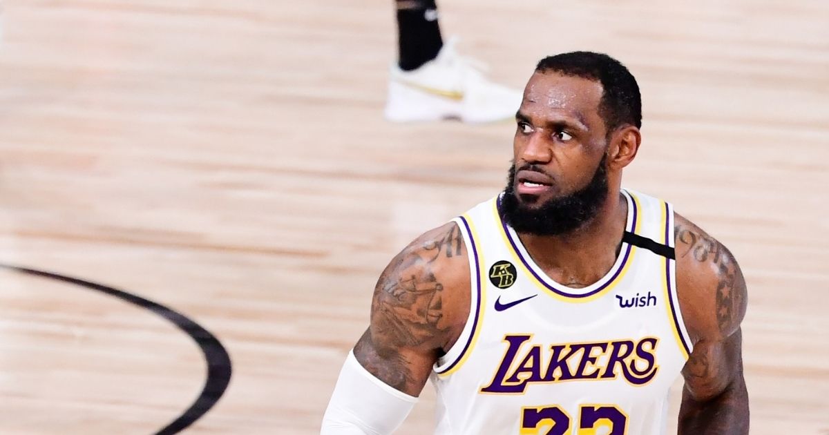 LeBron James #23 of the Los Angeles Lakers reacts during the fourth quarter against the Miami Heat in Game Six of the 2020 NBA Finals at AdventHealth Arena at the ESPN Wide World Of Sports Complex.