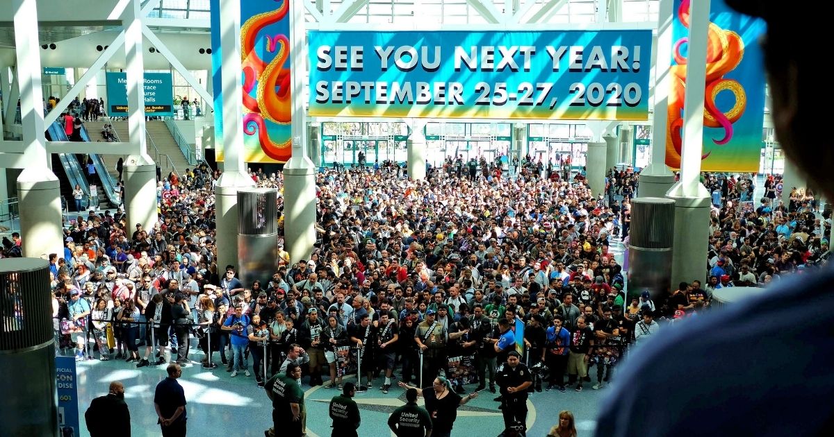 LOS ANGELES, CALIFORNIA - OCTOBER 11: Guests and cosplayers wait to enter the floor during 2019 Los Angeles Comic Con at Los Angeles Convention Center on October 11, 2019 in Los Angeles, California.