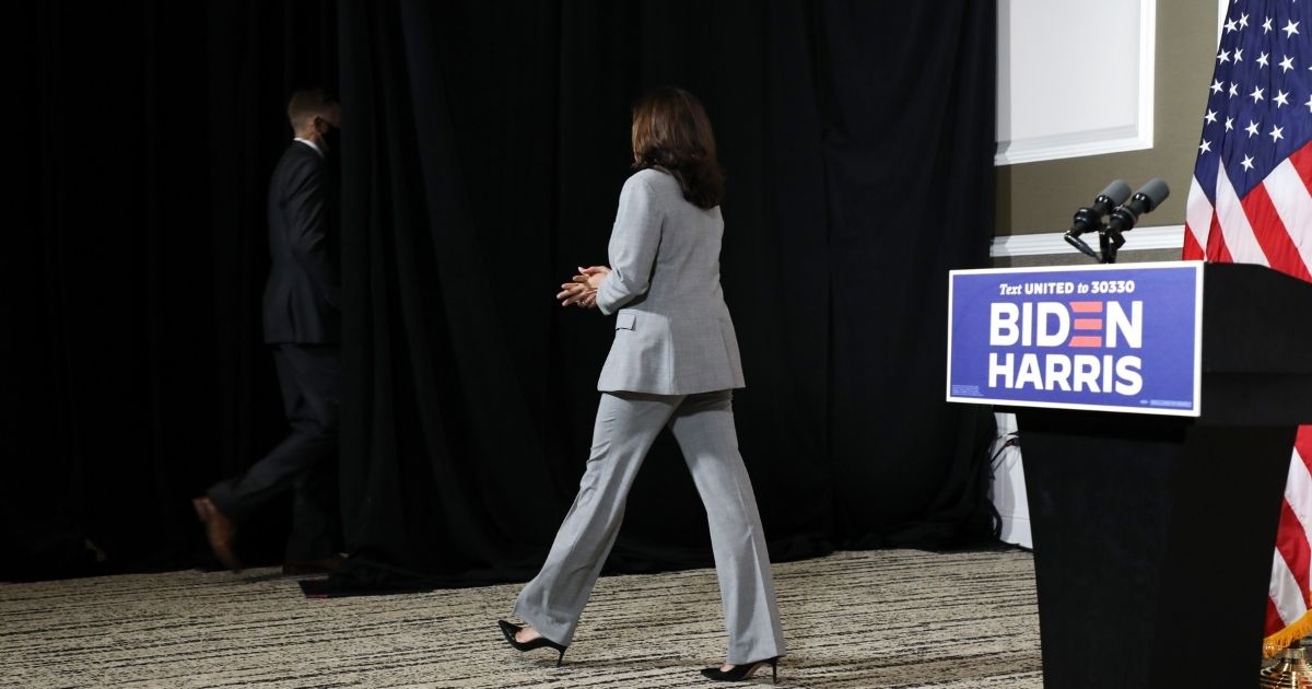 United States Senator and Democratic Vice Presidential nominee, Kamala Harris, leaves after delivering remarks about President Trump's Supreme Court pick to a room full of reporters at Shaw University Raleigh, North Carolina on September 28, 2020.