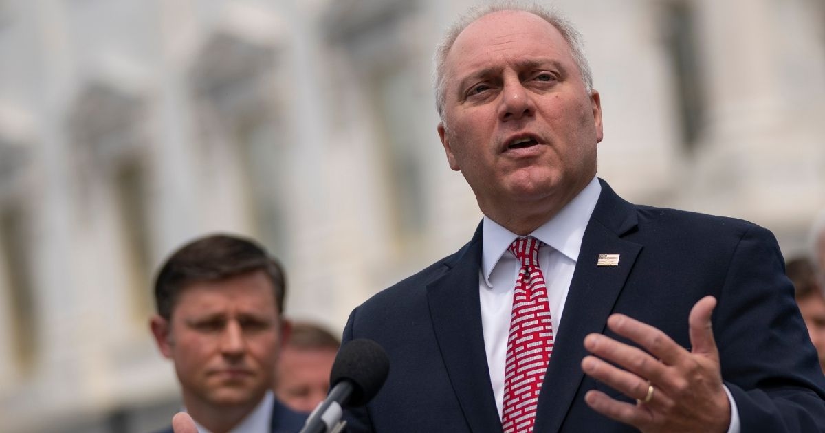 WASHINGTON, DC - MAY 27: Rep. Steve Scalise (R-LA) speaks during a news conference outside the U.S. Capitol, May 27, 2020 in Washington, DC. Calling it unconstitutional, Republican leaders have filed a lawsuit against House Speaker Nancy Pelosi and congressional officials in an effort to block the House of Representatives from using a proxy voting system to allow for remote voting during the coronavirus pandemic.