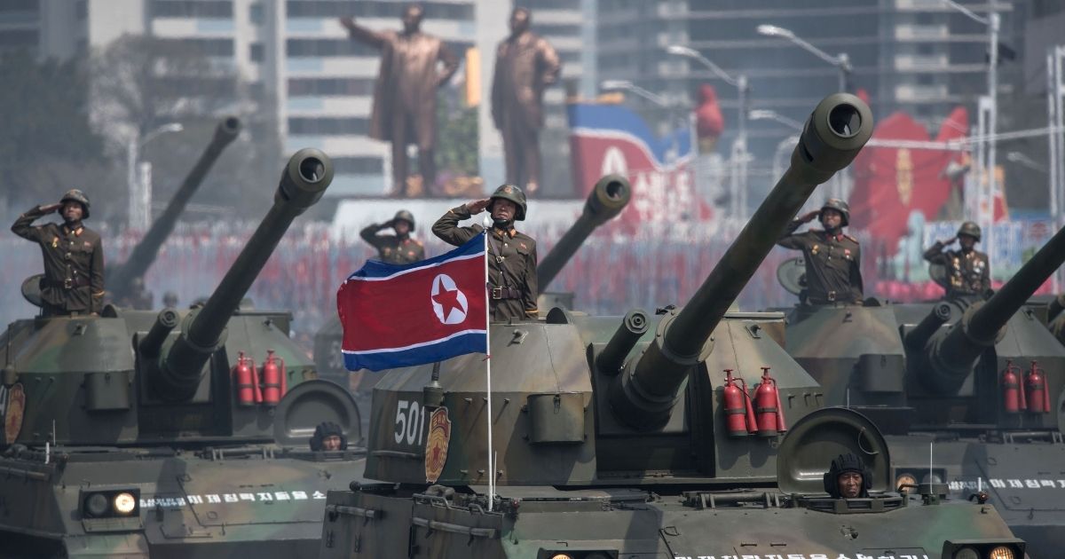 TOPSHOT - Korean People's Army (KPA) tanks are displayed during a military parade marking the 105th anniversary of the birth of late North Korean leader Kim Il-Sung in Pyongyang on April 15, 2017. North Korean leader Kim Jong-Un on April 15 saluted as ranks of goose-stepping soldiers followed by tanks and other military hardware paraded in Pyongyang for a show of strength with tensions mounting over his nuclear ambitions.