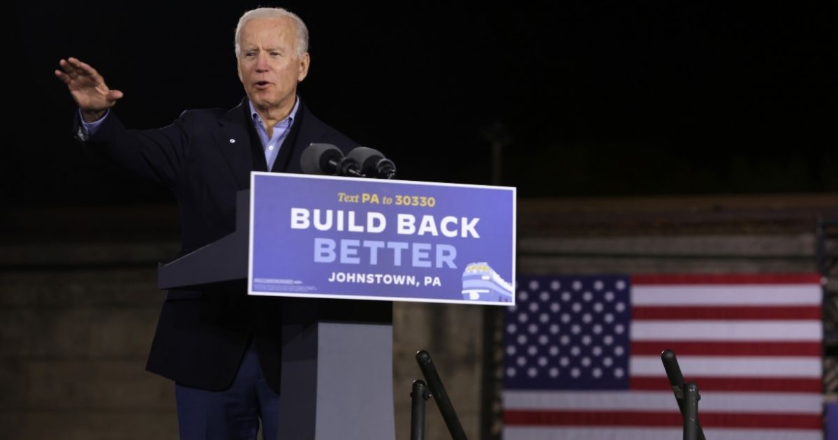 JOHNSTOWN, PENNSYLVANIA - SEPTEMBER 30: Democratic U.S. presidential nominee Joe Biden speaks during a campaign stop outside Johnstown Train Station September 30, 2020 in Johnstown, Pennsylvania. Former Vice President Biden continues to campaign for the upcoming presidential election today on a day-long train tour with stops in Ohio and Pennsylvania.