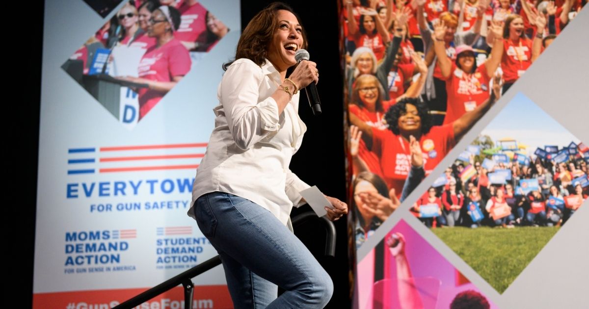 DES MOINES, IA - AUGUST 10: Democratic presidential candidate Sen. Kamala Harris (D-CA) takes the stage during a forum on gun safety at the Iowa Events Center on August 10, 2019 in Des Moines, Iowa. The event was hosted by Everytown for Gun Safety.
