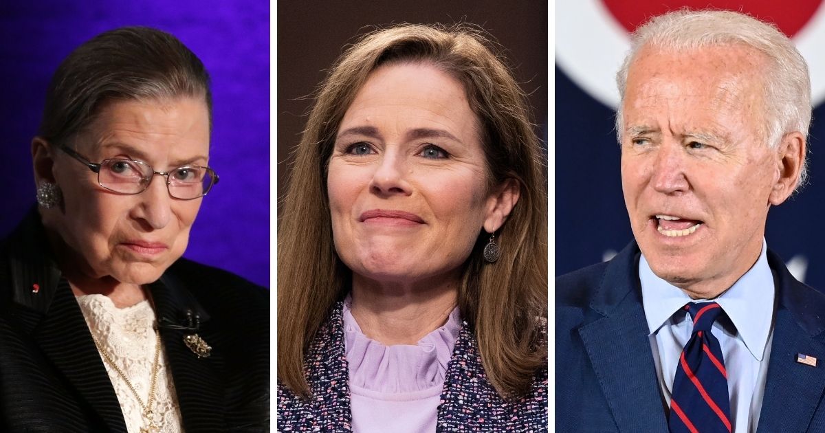 The late Supreme Court Justice Ruth Bader Ginsburg, left; Supreme Court nominee Amy Coney Barrett, center; and former Vice President Joe Biden, right.