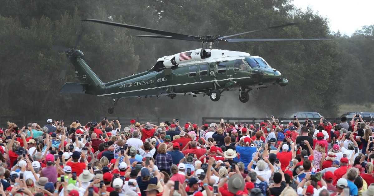 President Donald Trump lands on Marine One for his campaign event at The Villages Polo Club on Oct. 23, 2020, in The Villages, Florida.