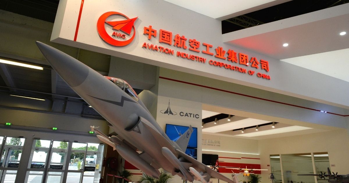 A picture taken on June 25, 2017, shows the logo of the Aviation Industry Corporation of China in Le Bourget during the International Paris Air Show.