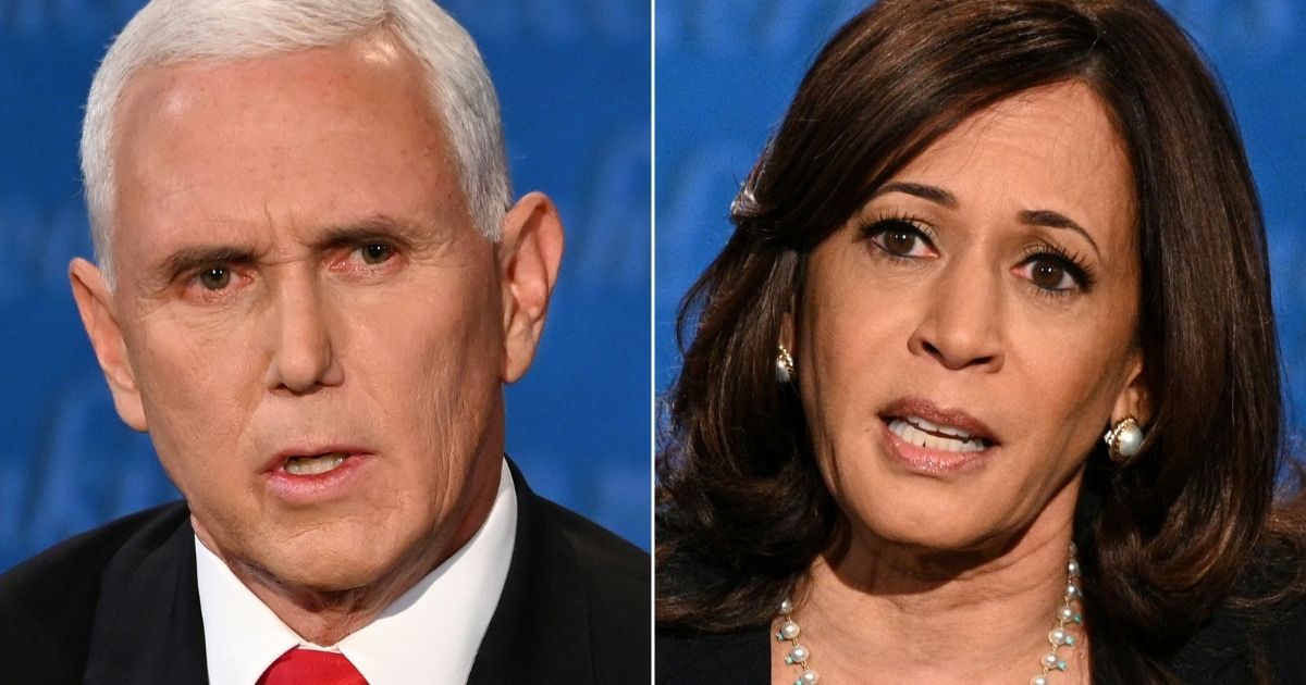 This combination of pictures created on Oct. 7, 2020, shows Vice President Mike Pence and Democratic vice presidential nominee Kamala Harris during the vice presidential debate in Salt Lake City that evening.