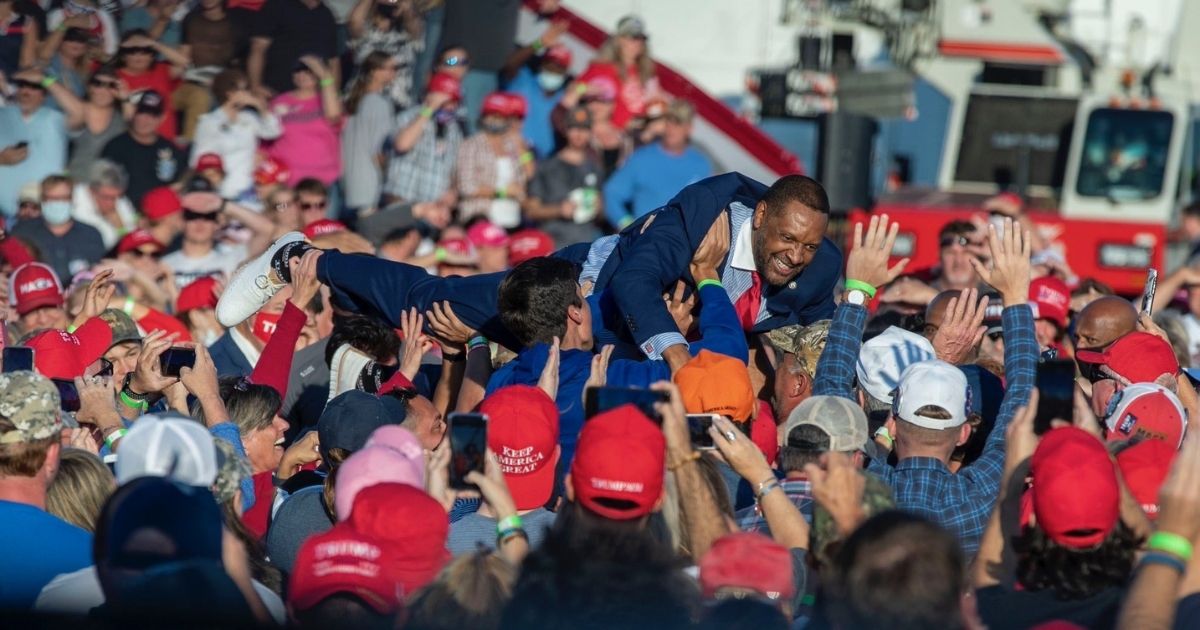 Democratic Vernon Jones of Georgia crowd surfs at a Trump rally on Friday.