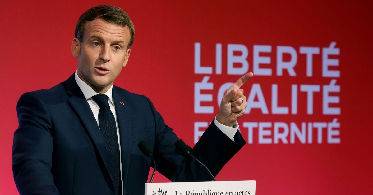 French President Emmanuel Macron delivers a speech to present his strategy to fight Muslim extremism on Oct. 2, 2020, in Les Mureaux, outside Paris.