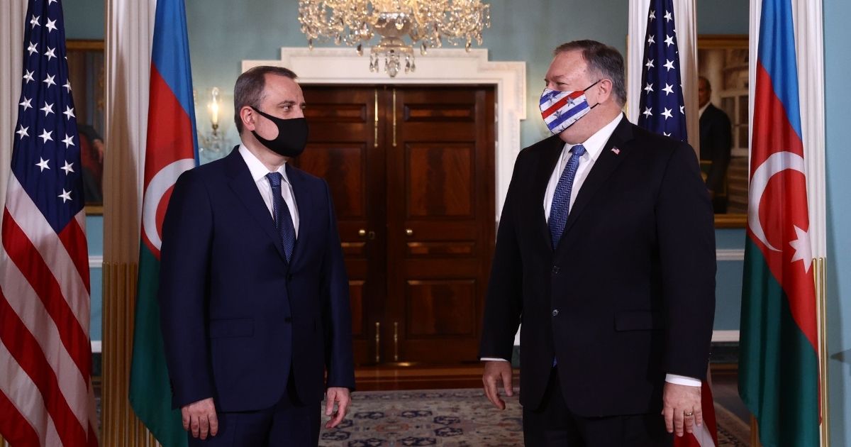 Azerbaijani Foreign Minister Jeyhun Bayramov, left, meets with US Secretary of State Mike Pompeo to discuss the conflict in Nagorno-Karabakh at the State Department in Washington, D.C., on Oct. 23, 2020.