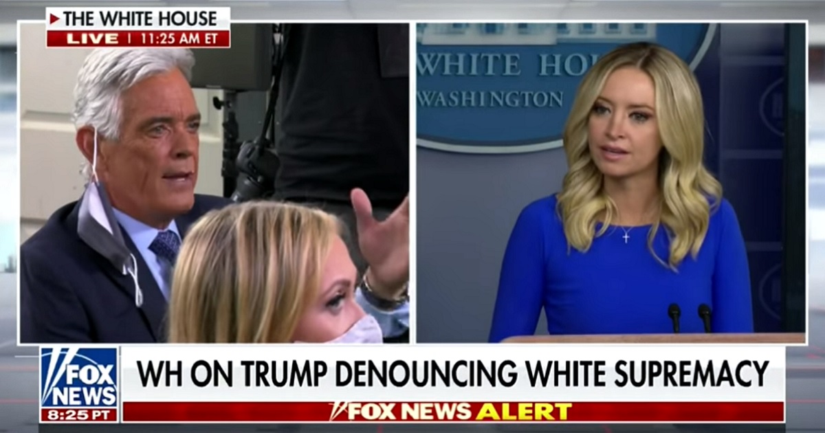 Fox News White House correspondent John Roberts, left, and White House spokeswoman Kayleigh McEnany, right, at a news briefing Thursday.