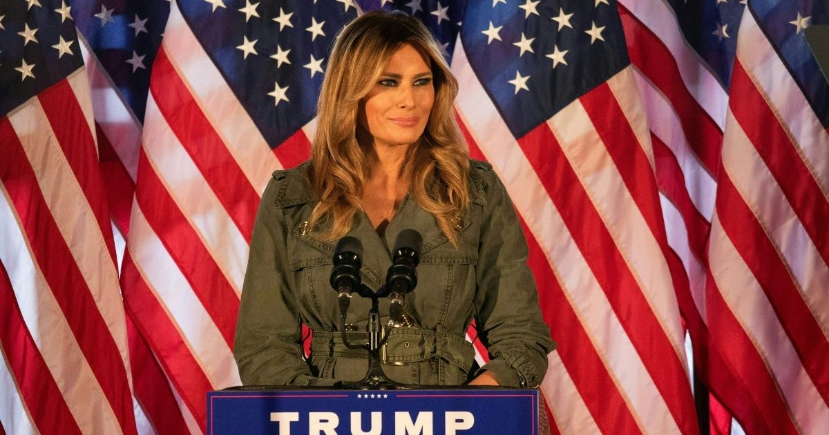 First Lady Melania Trump speaks to President Trump's supporters at a campaign event in Atglen, Pennsylvania, on Oct. 27, 2020.