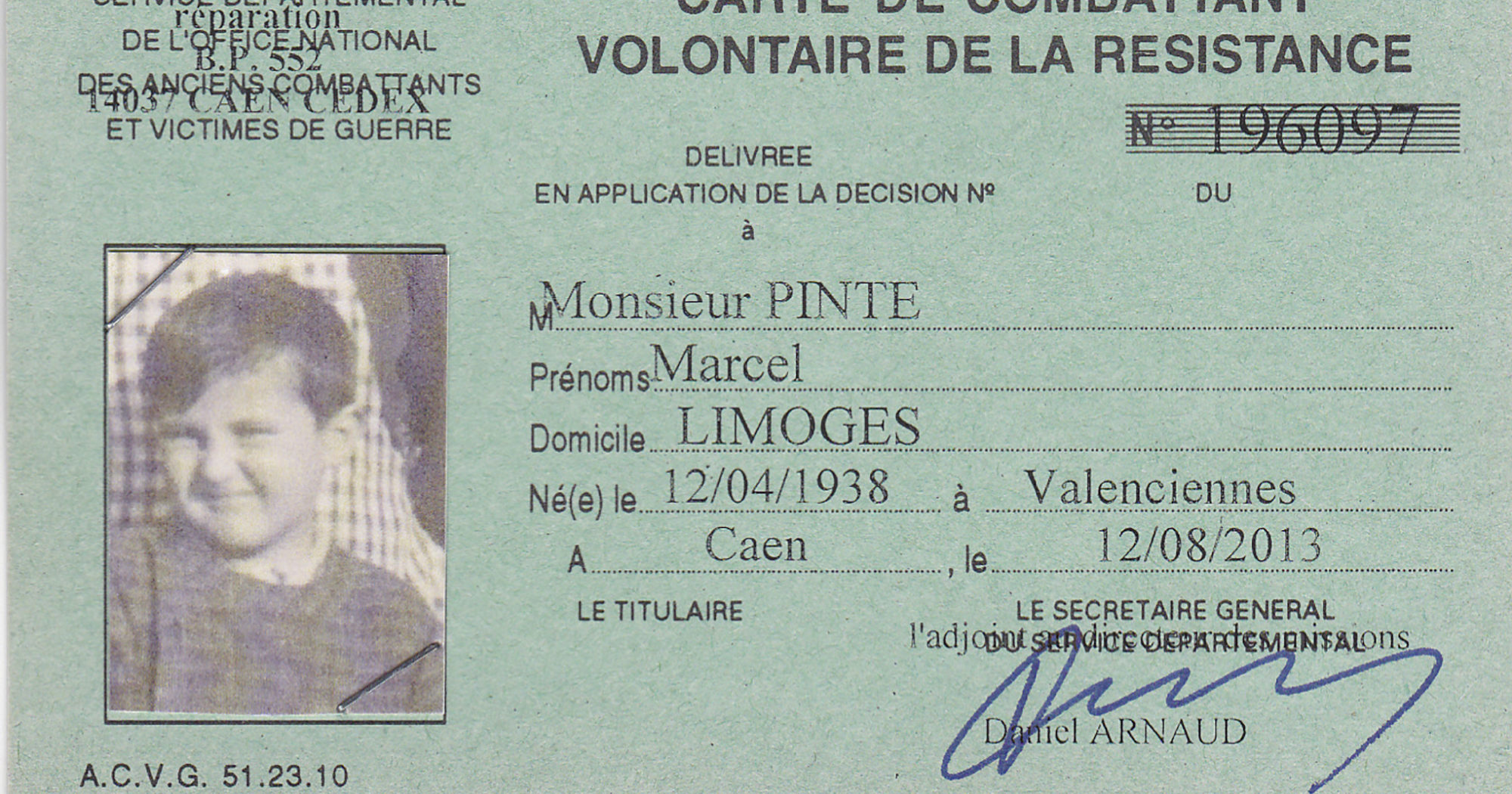 This photo provided by the Bremaud family shows the Resistance card of Marcel Pinte.
