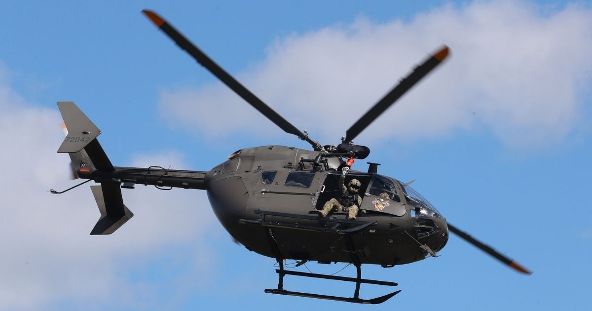 An Army helicopter performs a flyover at Michie Stadium prior to the game between Army Black Knights and the Abilene Christian Wildcats at Michie Stadium on Oct. 3 in West Point, New York.